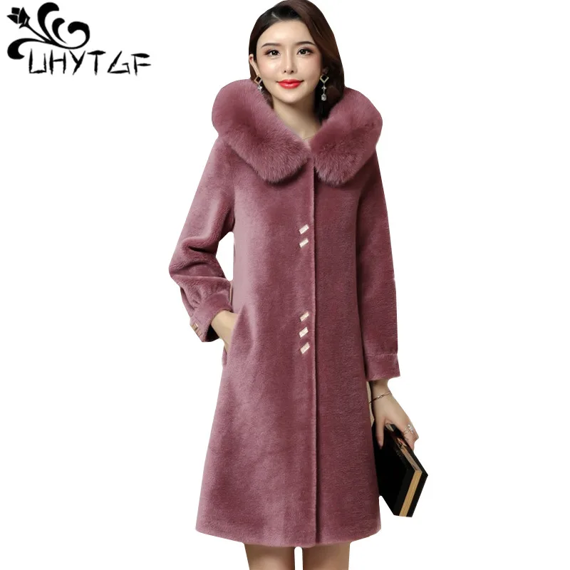 

UHYTGF luxury fox fur collar winter fur coat women hooded casual plus size top Quality sheep sheared elegant women fur coat 1022