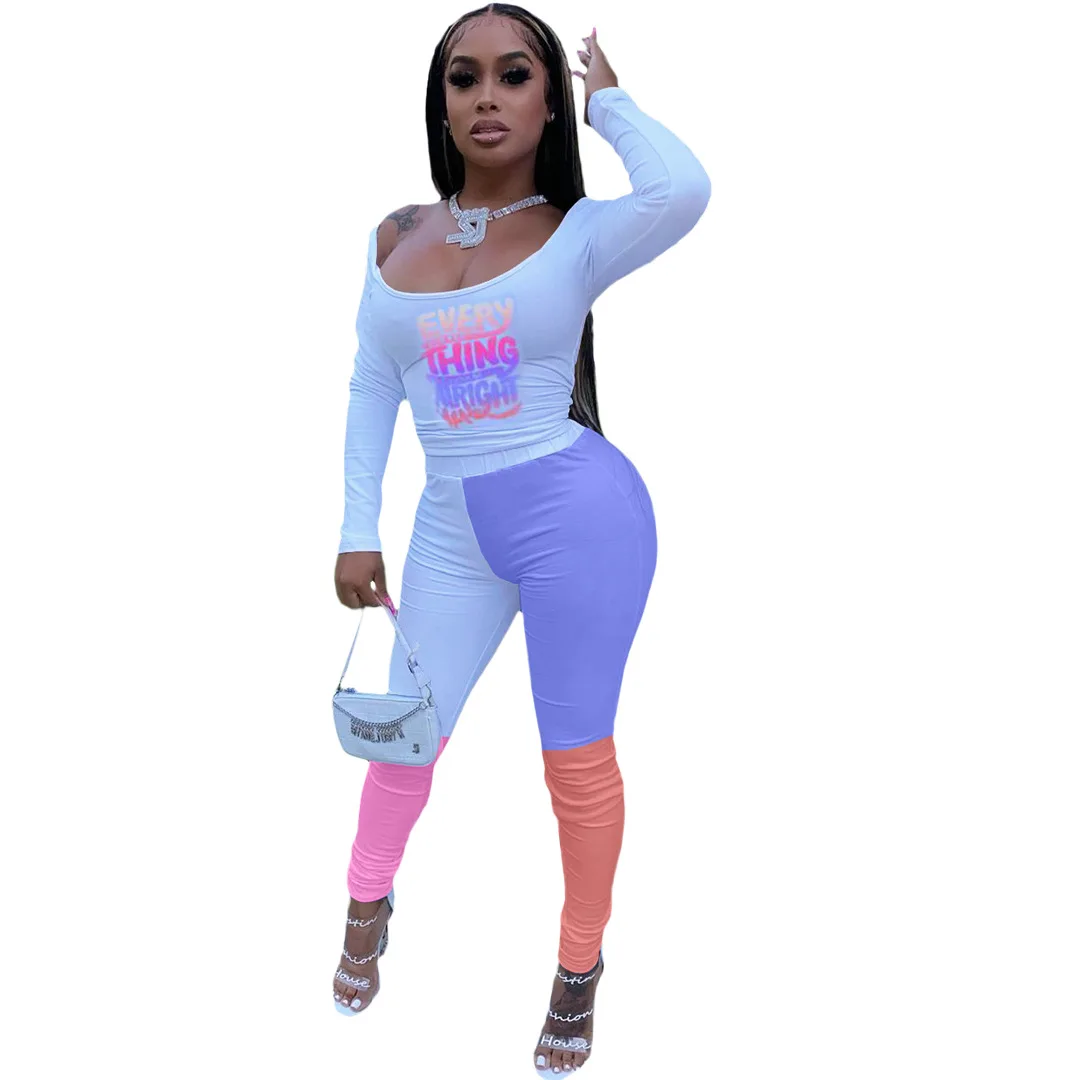 

Active Wear Tracksuit Women's Set Gradient Letter Print Full Sleeve Slim T Shirts and Color Block Spliced Skinny Pant Sweat Suit
