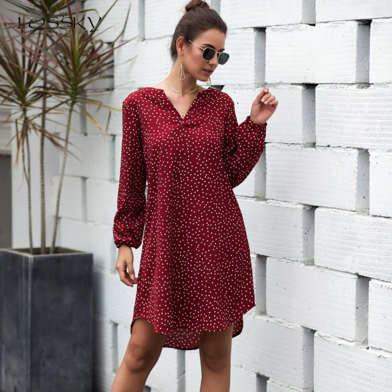 Женское платье в горошек с принтом осень весна длинным рукавом сексуальное v