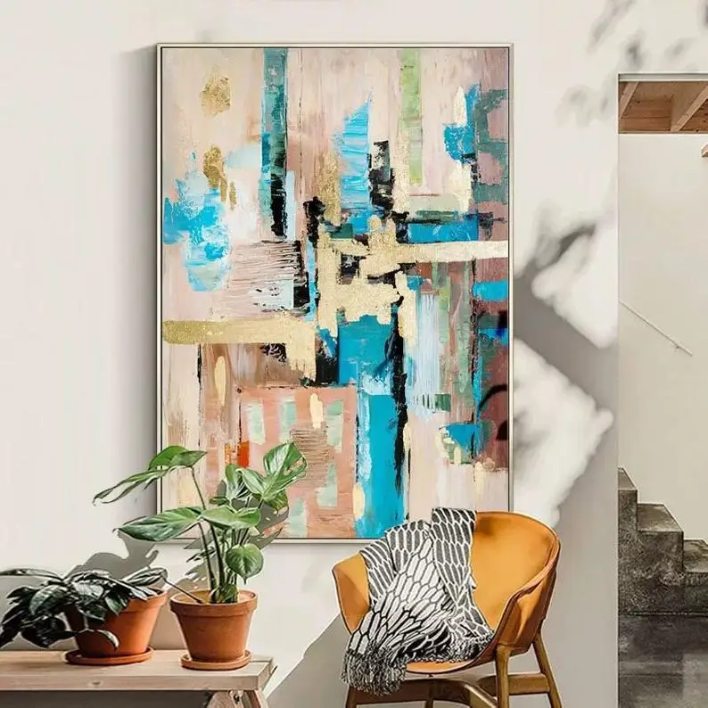 

Large Abstract Painting On Canvas Gold Leaf Acrylic Painting Geometry Brown Blue Art Extra Large Living Room Home Decor Wall Art