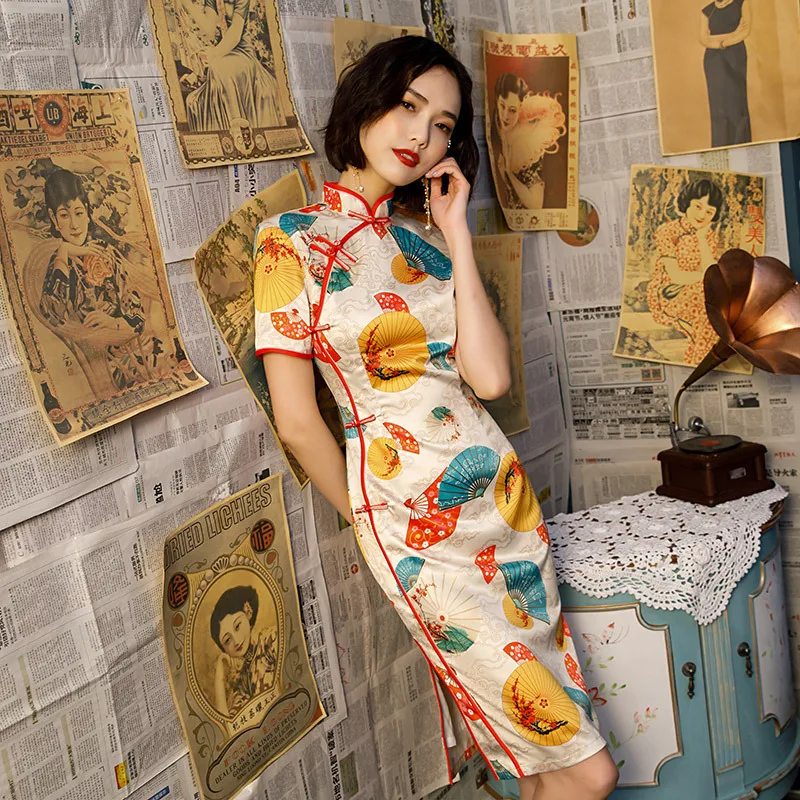 

Umbrella Fan Digital Print Silk Chinese Dress New Pattern Design Cheongsam Banquet Dress Women Chinese Qipao