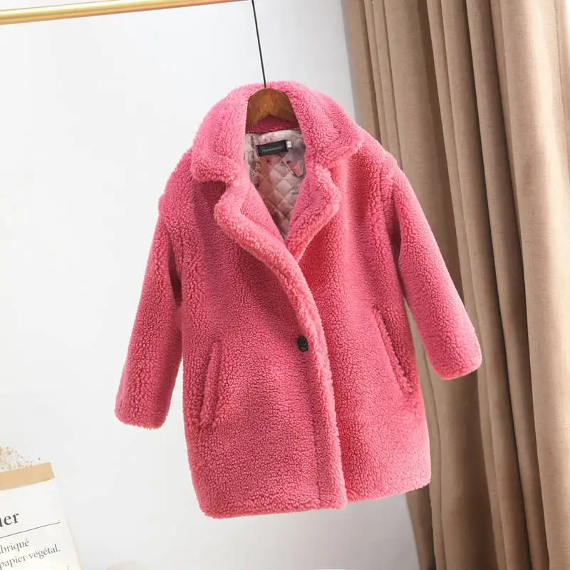 rose red Новая зимняя детская одежда мягкая искусственная овечка для девочек, пальто из овчины детская теплая шерстяная куртка с искусственным мехом для девочек, верхняя одежда Q470 - Color: rose red