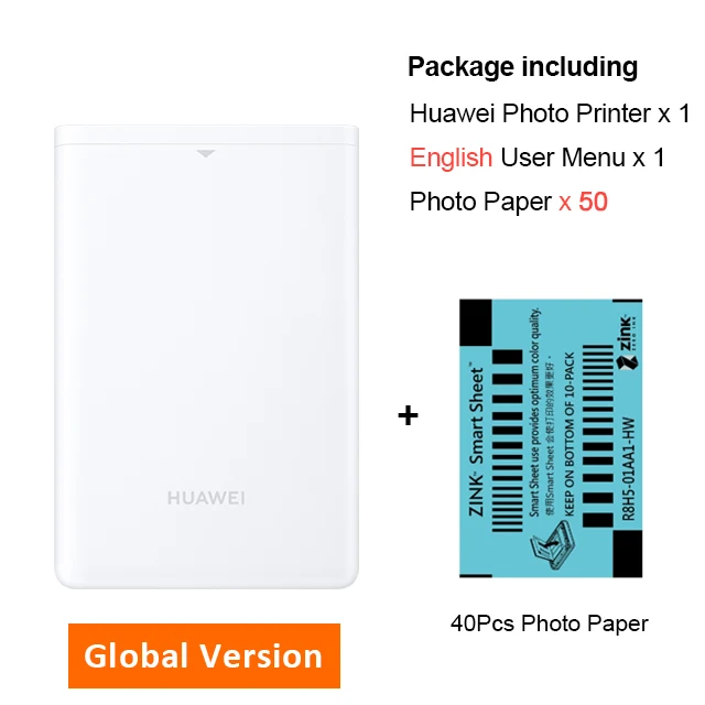 Global add 50 Paper Huawei мини фотопринтер портативный карманный принтер honor мобильный телефон AR принтер 300 точек/дюйм Bluetooth 4,1 Поддержка DIY поделиться 500 мАч - Цвет: Global add 50 Paper