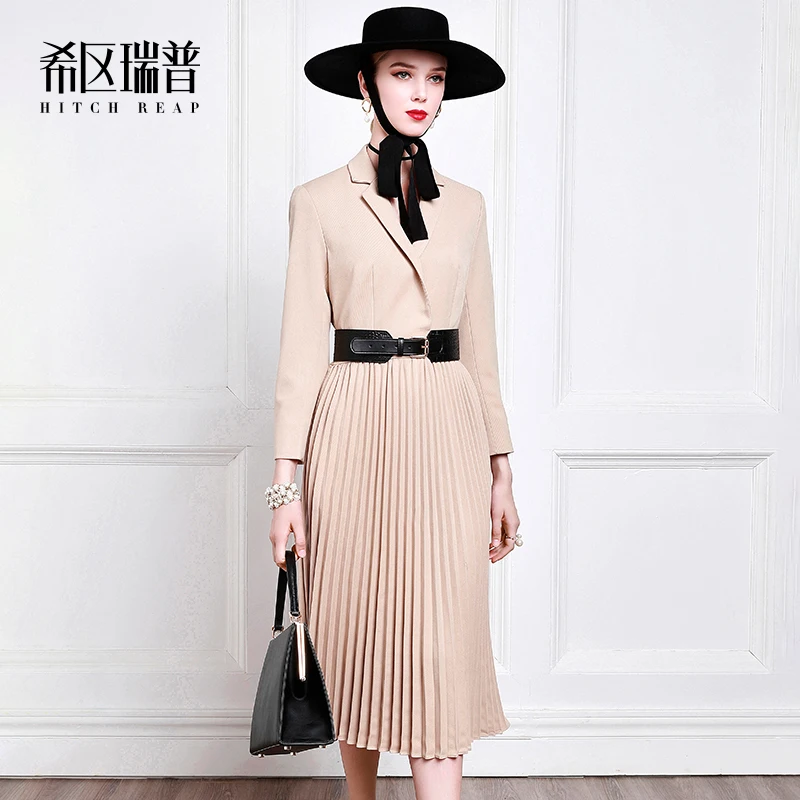 High-End Suit Pleated Dress Banquet Dress Brilliant Camel Autumn And Winter New Europe And America