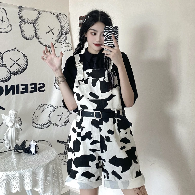 

Summer Korean Preppy Style Cow Print Suspender Playsuit Y2K Women Romper Female Casual Overall Jumpsuit Wide Leg Shorts Bodysuit