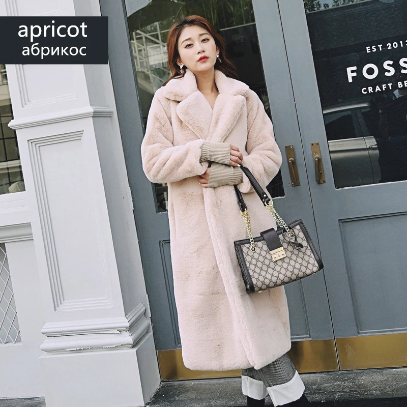 apricot Длинное плюшевое пальто, Женское зимнее пальто, Женское пальто из искусственного меха с отворотом, женская повседневная куртка из искусственного меха, женские толстые теплые корейские пальто WJ431 - Цвет: apricot