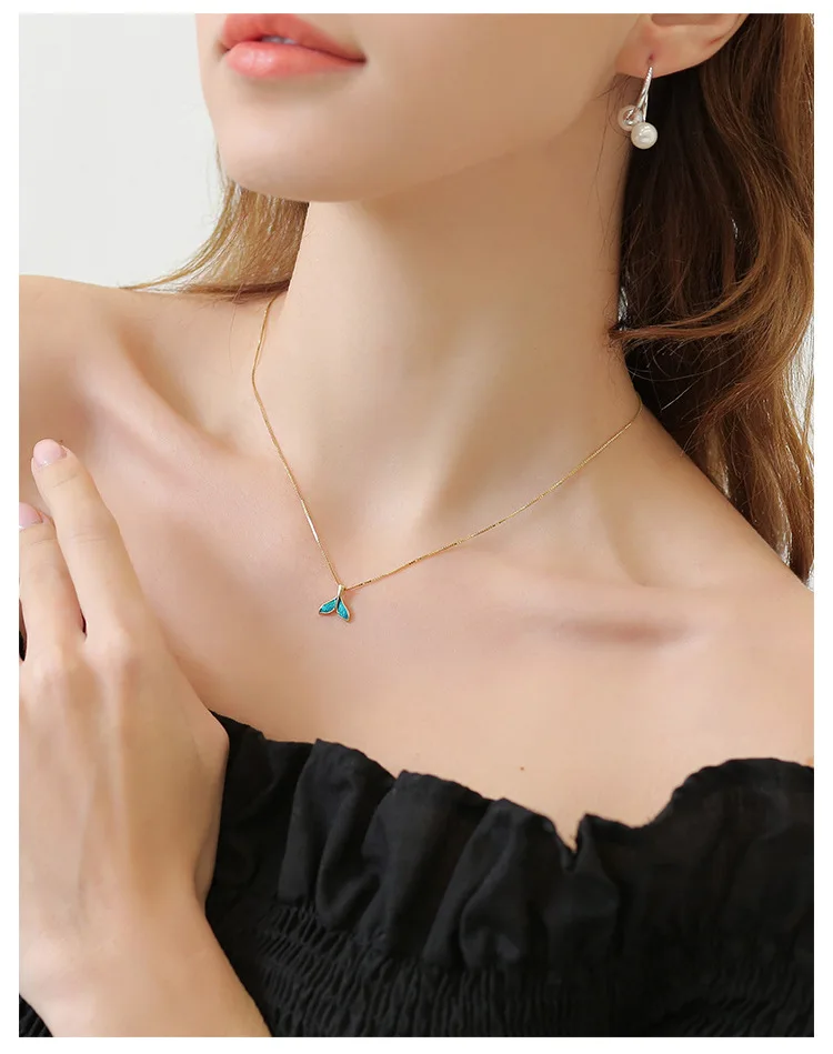 

2019 Drop Shipping 925 Sterling Silver Box Chain Blue Fishtail Pendant Necklaces Jewelry Collar Colar de Plata