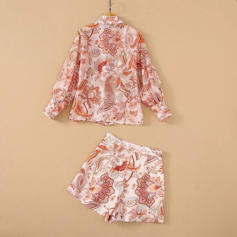 European and American women's wear for summer 2021 long-sleeved lace print shirt shorts Fashionable linen and cotton suit