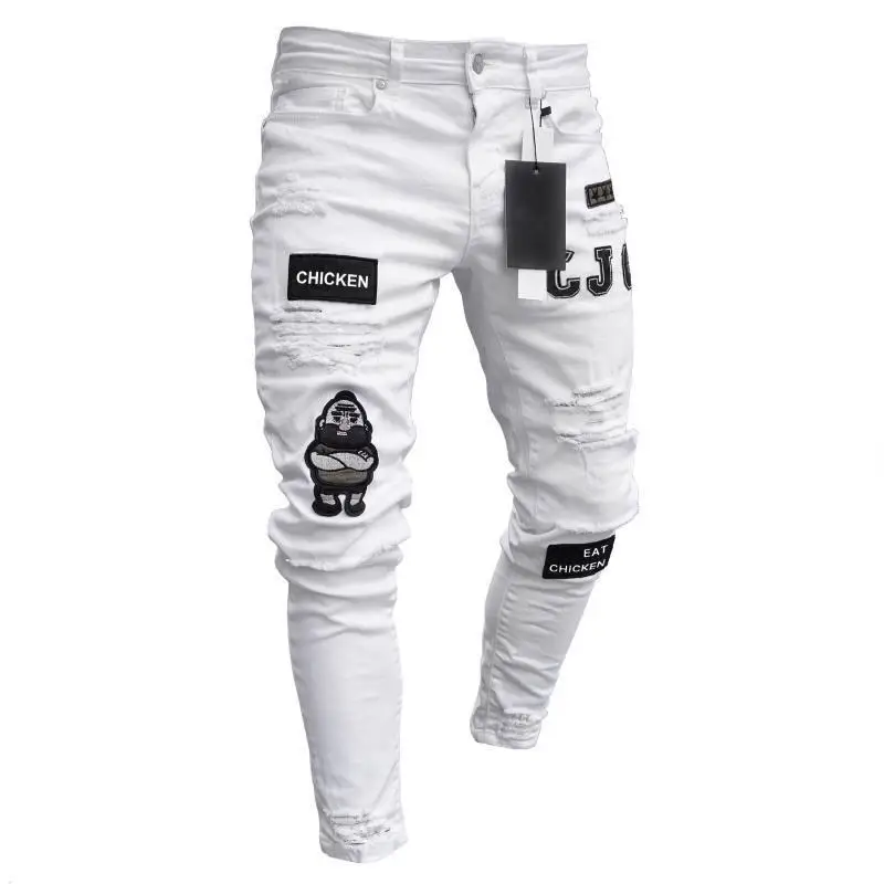

Men's Broken Hole Embroidered Pencil jeans Slim Men Trousers Casual Thin Denim Pants Classic Cowboys Young Man Jogging Pants