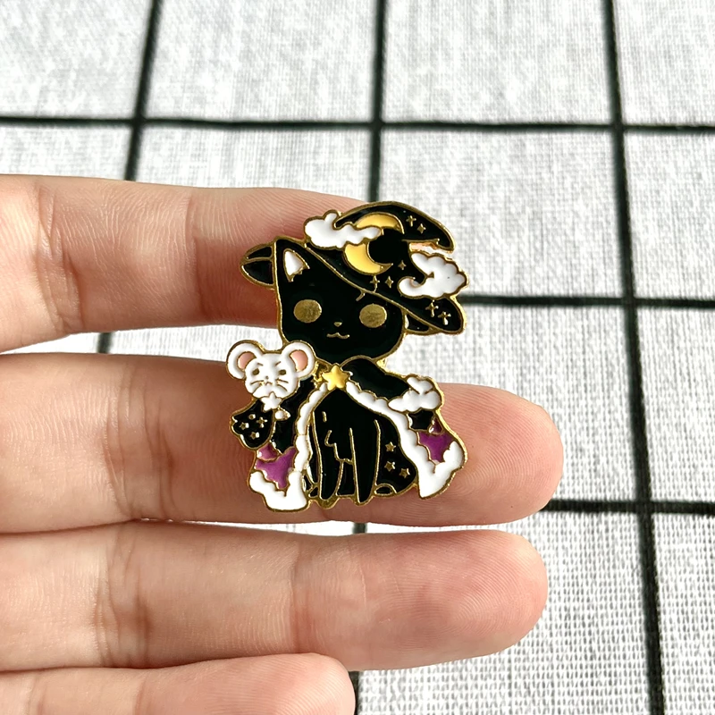 Мультяшный милый волшебный волшебник Черный Белый Кот Волшебная Шляпа Луна