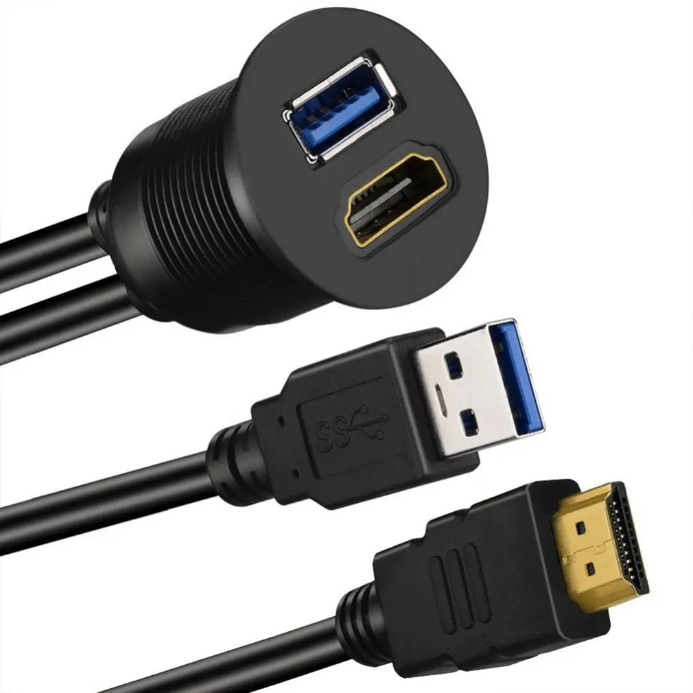 

USB 3.0 & HDMI to HDMI + USB3.0 AUX Extension Dash Panel Waterproof Car Flush Mount Cable For Car Boat and Motorcycle - 3ft