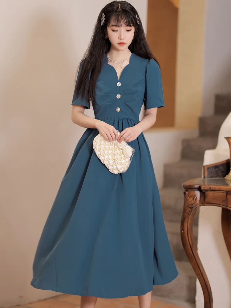 

2021 Summer New Women's Wear Girl Style Young Style Slim Temperament Square Neck Short Sleeve Medium Length Dress Casual Dress