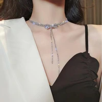 silver color shiny diamond bowknot tassel necklace female chokers necklace clavicle chain annual banquet party jewelry ins trend