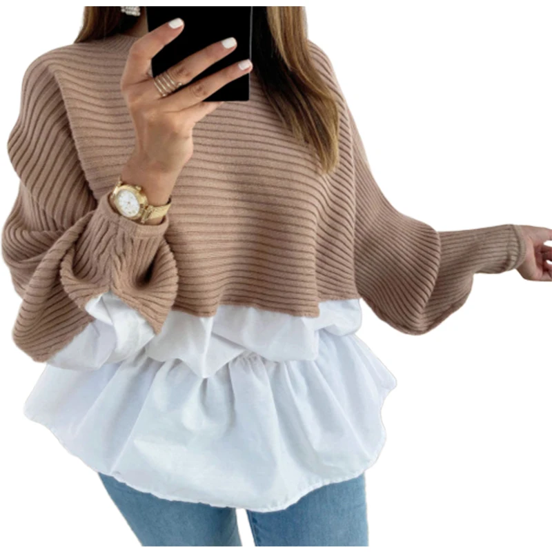 

Winter Fashion Ruffled knitted Jumper Sweater Patchwork Loose Shirt Casual Streetwear Female Womens Long Sleeve Blusas Pullover