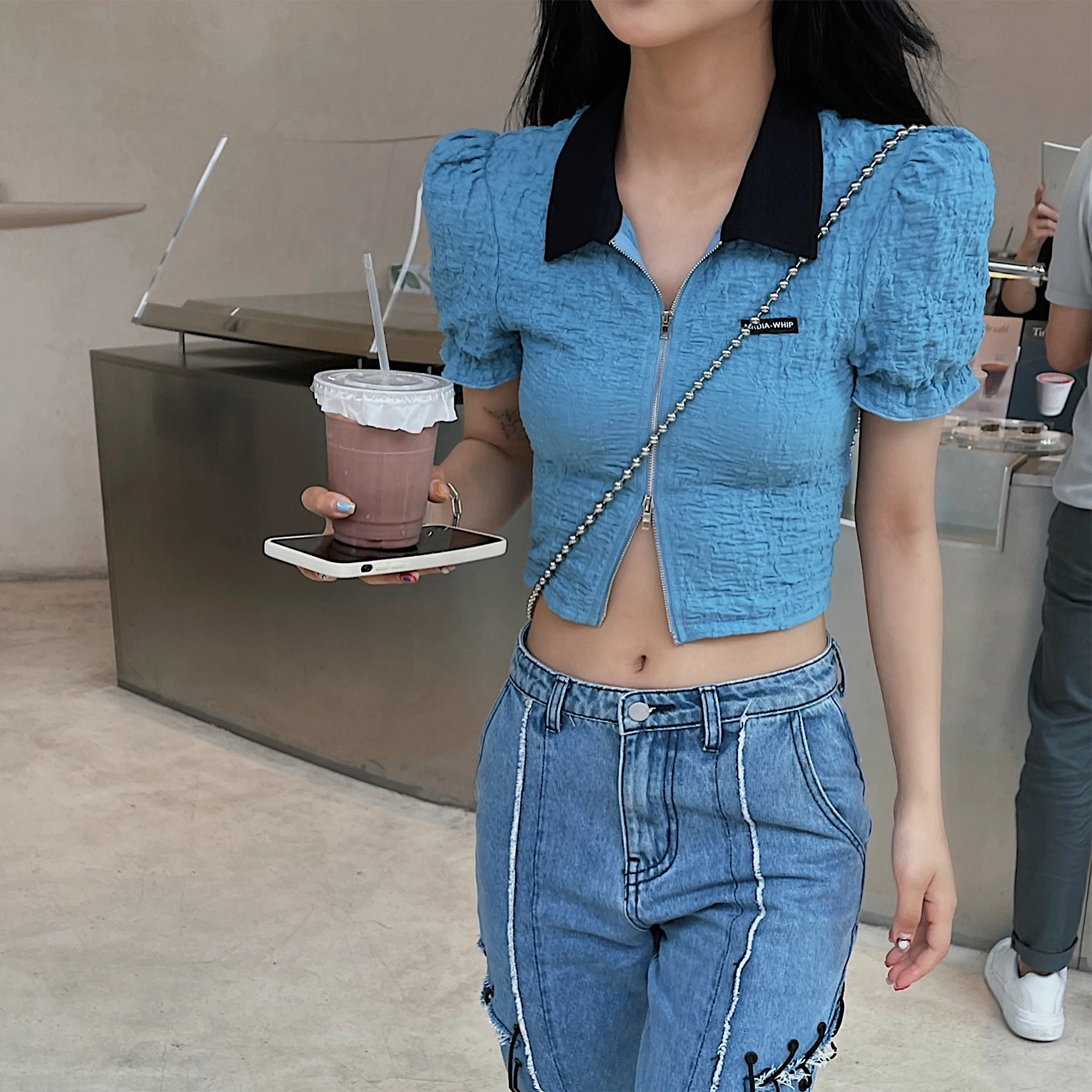 

Summer Texture Short Sleeve Fashionable T-shirt Women's Slim Fit Puff Sleeve Short