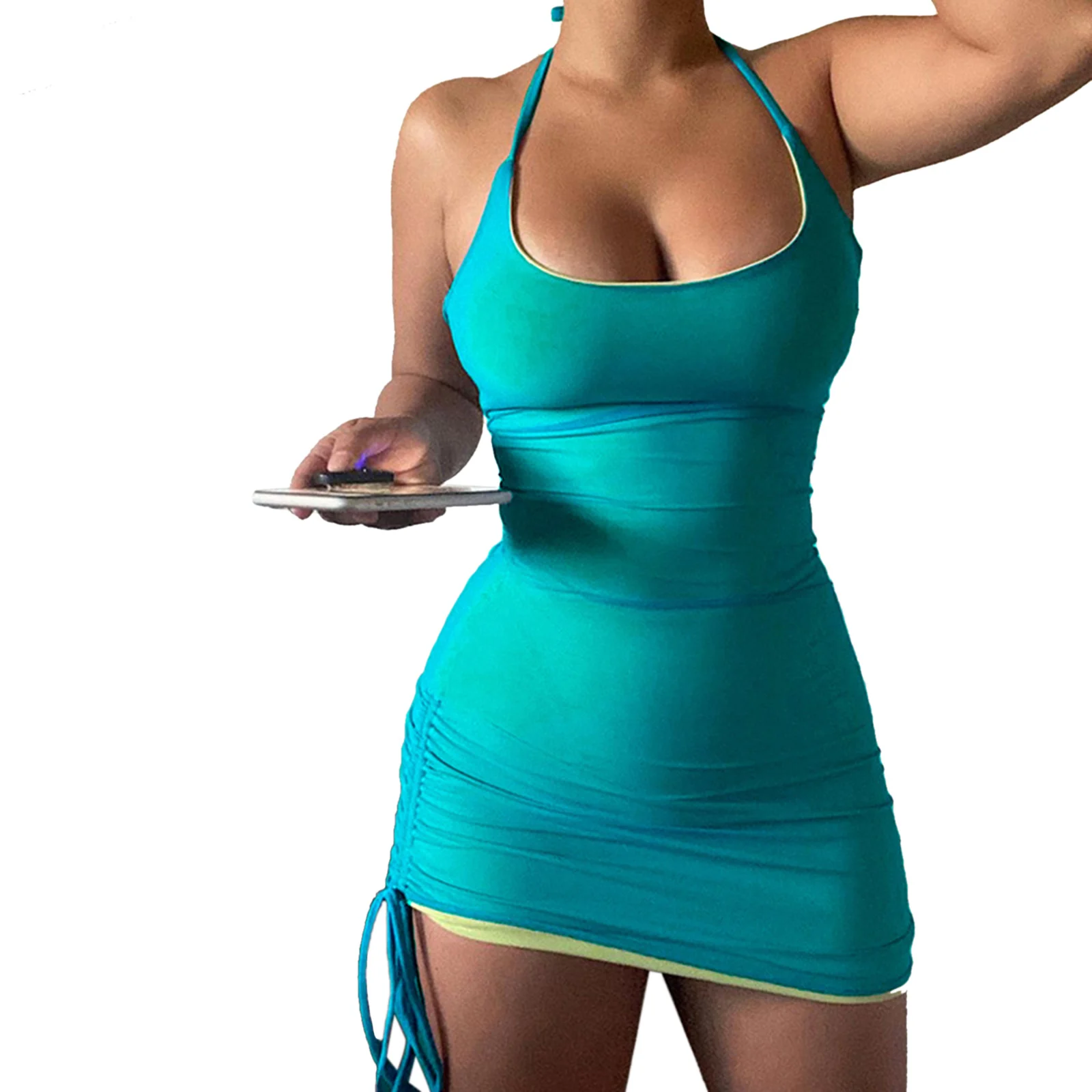 

Ladies Close-fitting Dress, U-shaped Collar Sleeveless Off-the-shoulder Tie Up One-piece, Blue/ Green