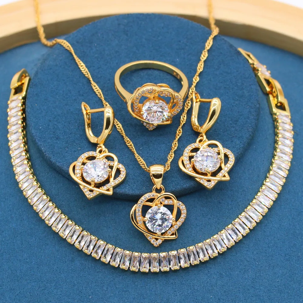 

White Stones Heart Gold Color Wedding Jewelry Sets with for Women Bracelet Earrings Necklace Ring Bridal Party Birthday Gift
