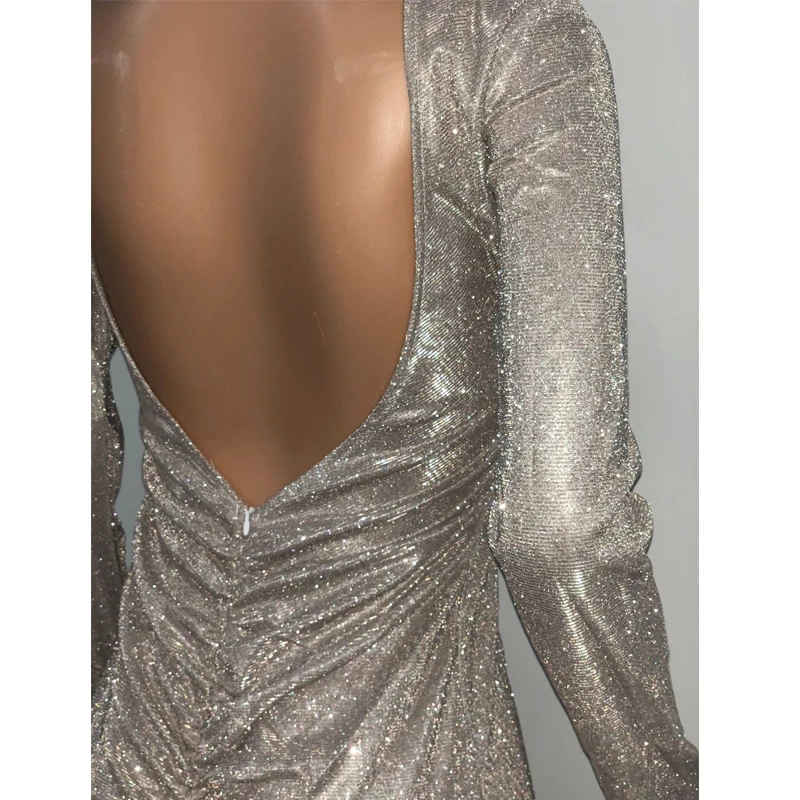 Блестящее коктейльное платье миди с длинным рукавом цвета шампанского Короткие