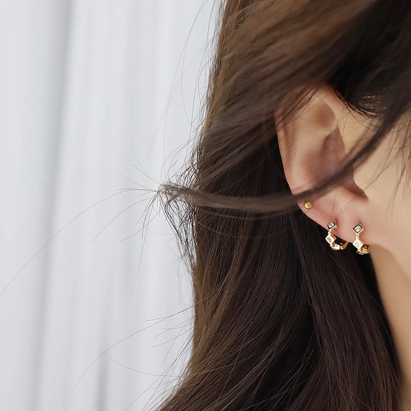 

Vintage Elegant 14k Real Gold Jewelry Mini Rhombus Hoop Earrings for Women Charming High Quality AAA Zirconia Wedding Party Gift