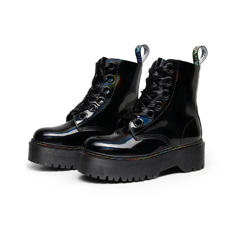 

Rainbow Mirror Thick-soled Large Size 6-hole Martin Boots Side Zipper Laser High-Top Trifle Bottom Increase Trendy Women's Shoes