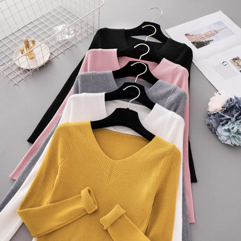 Осенний пуловер женский свитер с v-образным вырезом вязаный джемпер женские