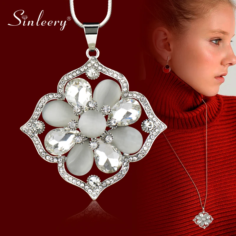 

SINLEERY Vintage Opal Flower Big Pendant Long Necklace For Women White Red Gray Stone Necklace Statement Jewelry MY335 SSF