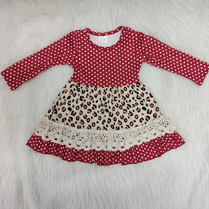 

Fashion New Casual Design Baby Girls Fall Dot Long Sleeve Leopard Print Twirl Boutique Dress