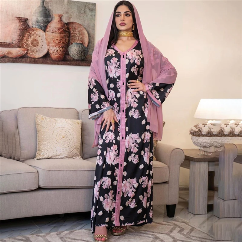 Женское длинное мусульманское платье, кимоно, Дубай, абайя, цветочный принт, бохо, кафтан, Малайзия, элегантное платье 2021 Eid Djellaba Marocaine F2852