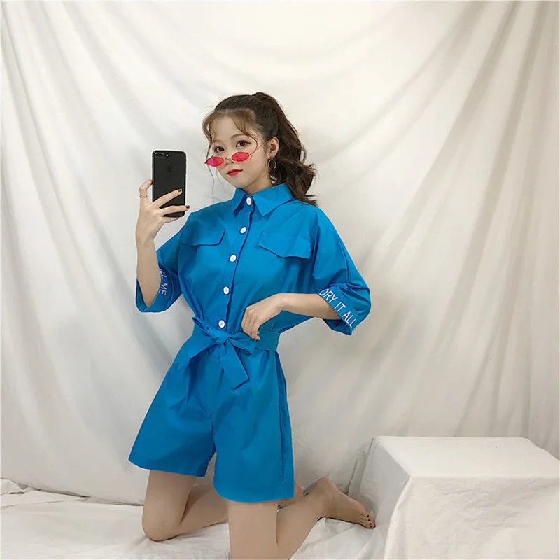 Women Denim Jumpsuit Short Sleeve Turn-down Collar Single-Breasted Wide Leg Romper Sexy Club Playsuit Overall Outfits