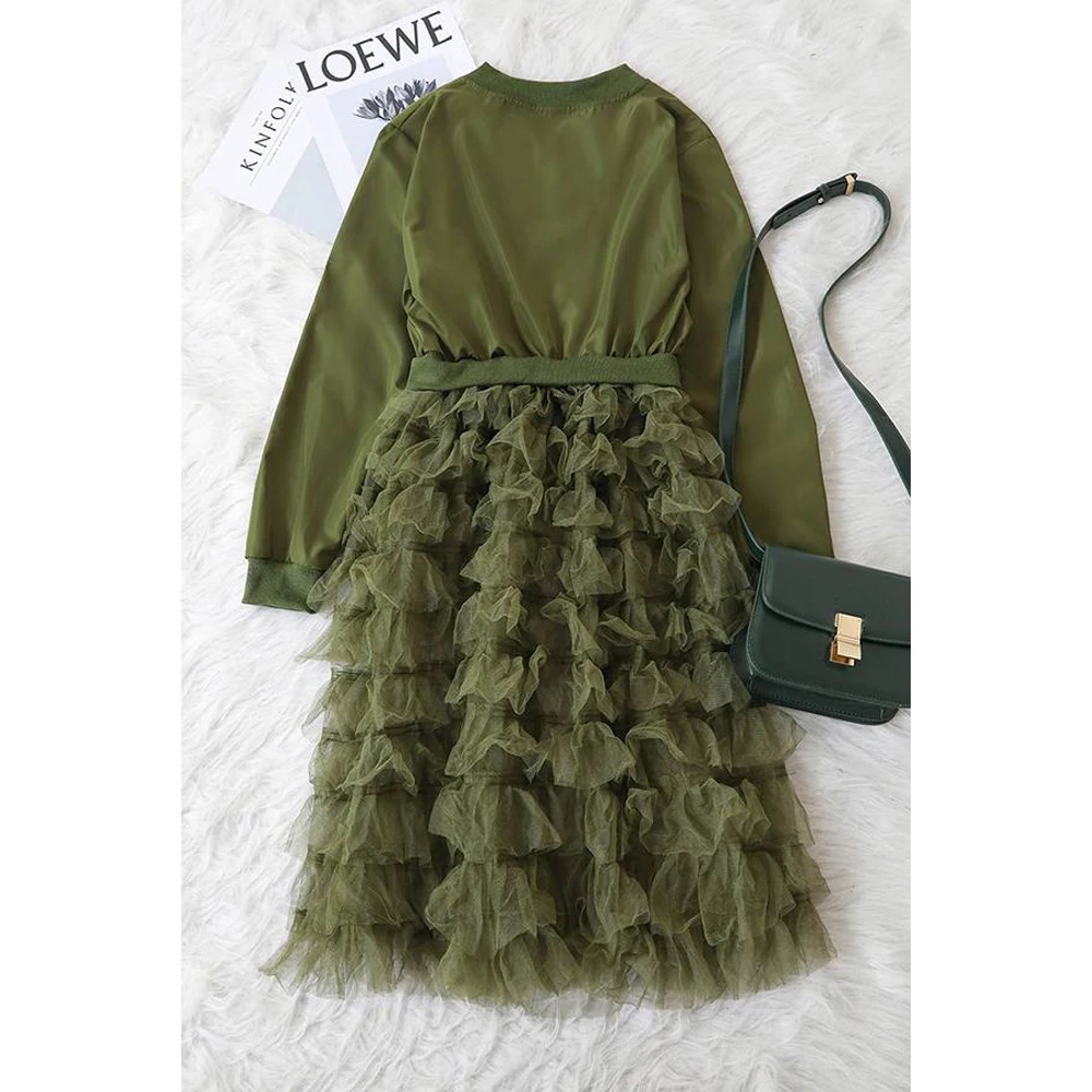 Женский Тренч на молнии с длинным рукавом модная сетчатая юбка оборками подоле