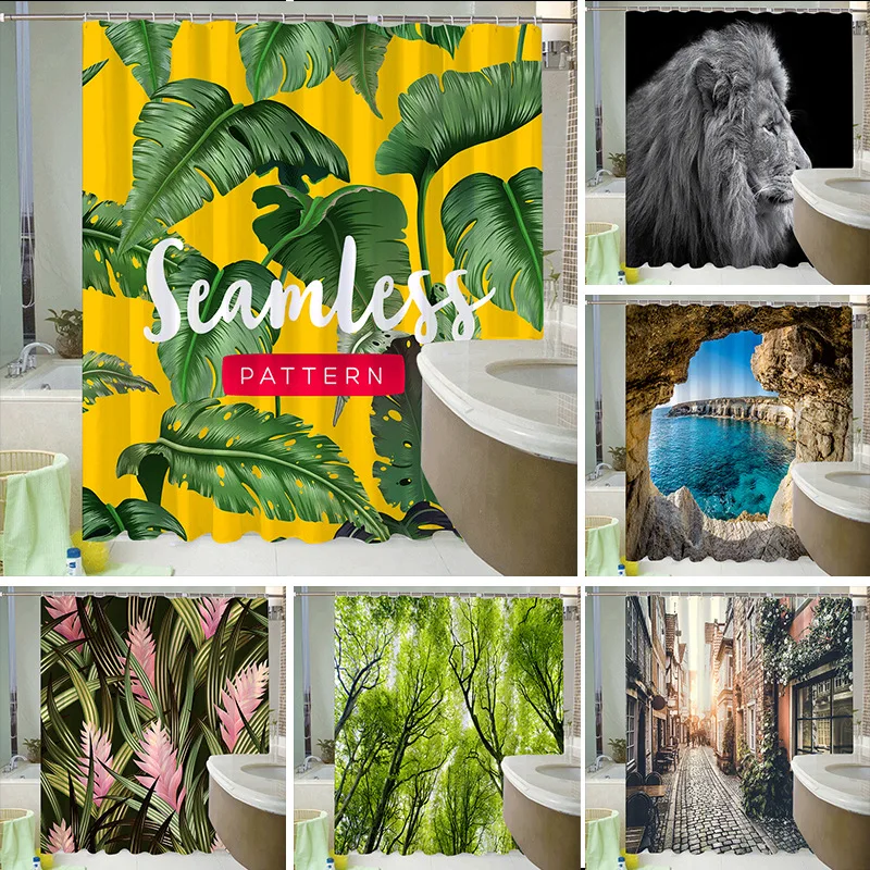 

Tropical Leaves Shower Curtain Bathroom Green Curtain Frabic Waterproof Polyester Bathroom Decor Sets with Hooks