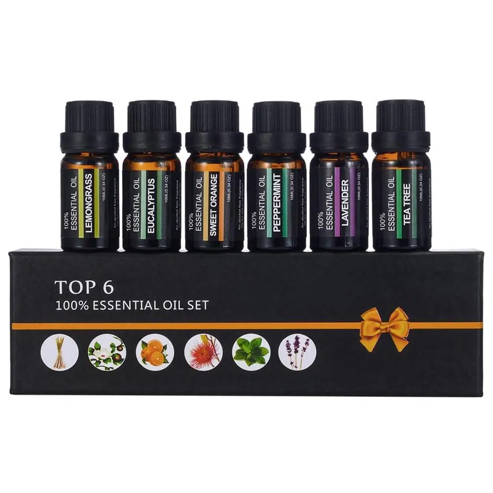 

6pcs Aromatherapy Oils Kit Lemongrass Tea Tree Sweet Orange Eucalyptus Mint Lavender Plant Fragrance Essential Oil Box 2021