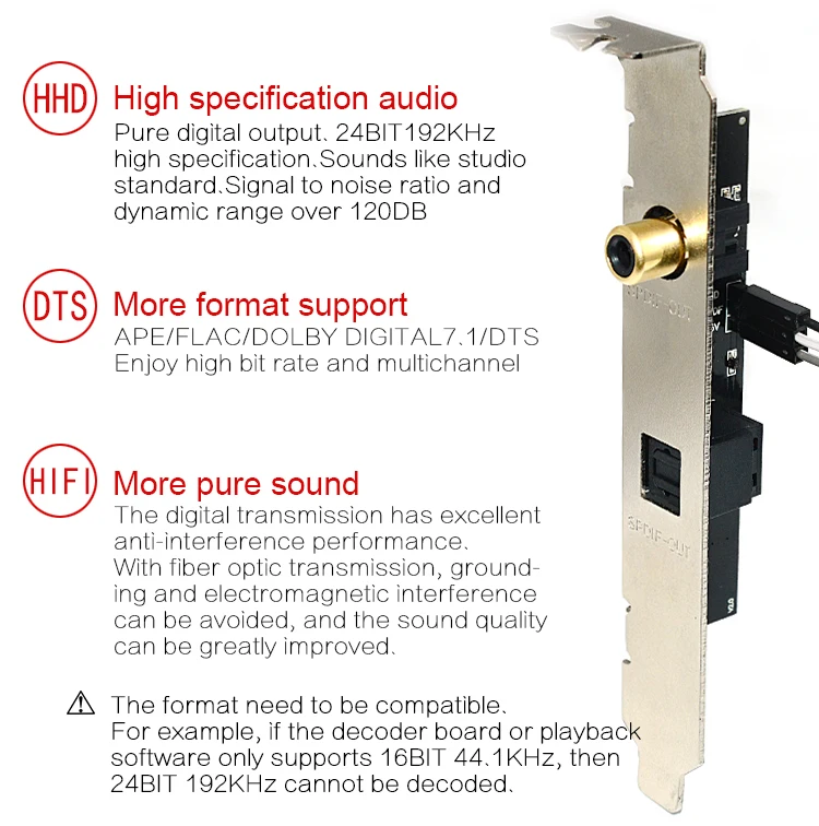 24BIT192KHz SPDIF daughter Card optical fiber coaxial digital sound card baffle DAC DTS decoder for General motherboard