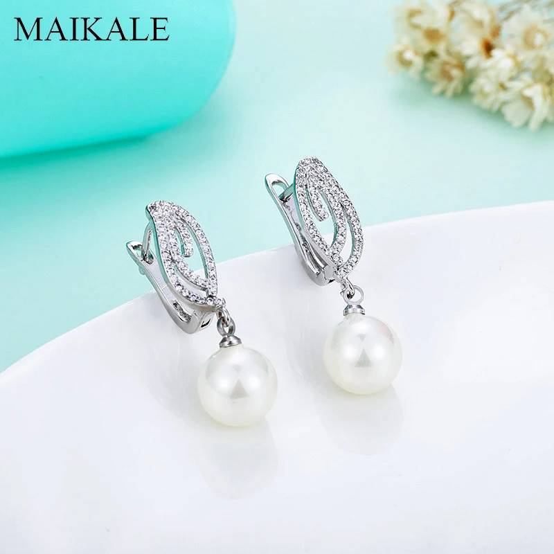 Женские серьги-подвески с фианитом MAIKALE, популярные висячие серьги с жемчужинами, новые аксессуары модные ювелирные изделия