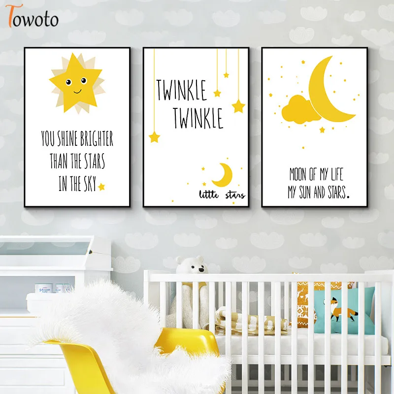 Желтая звезда Луна холст картина Детская комната настенное искусство для