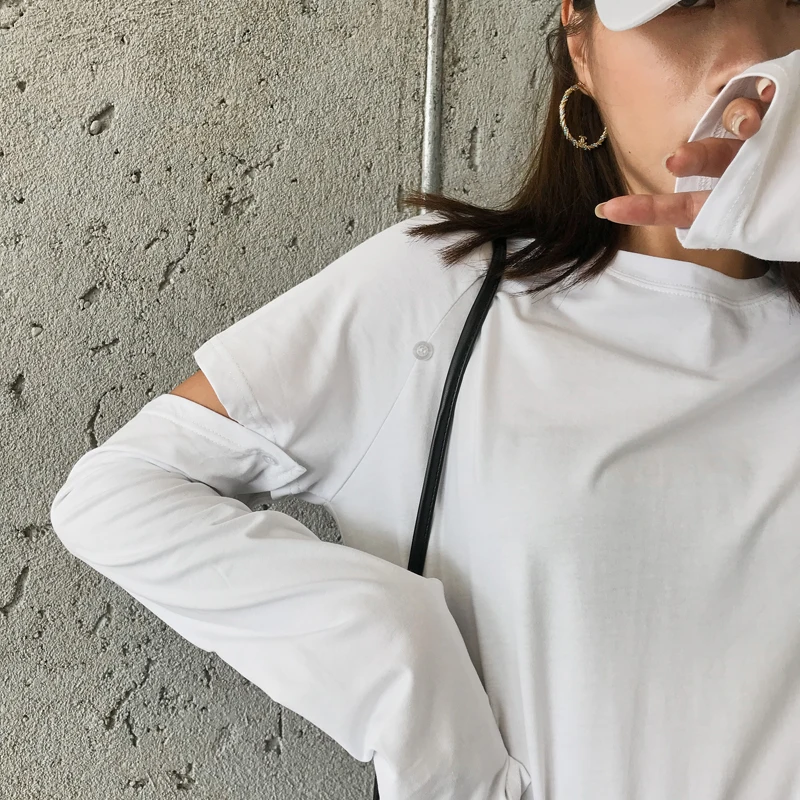 

New Detachable Long Sleeve Round Neck T-shirt Women Students White Black Tops Designer Removable Two-section Sleeves Tee Shirts