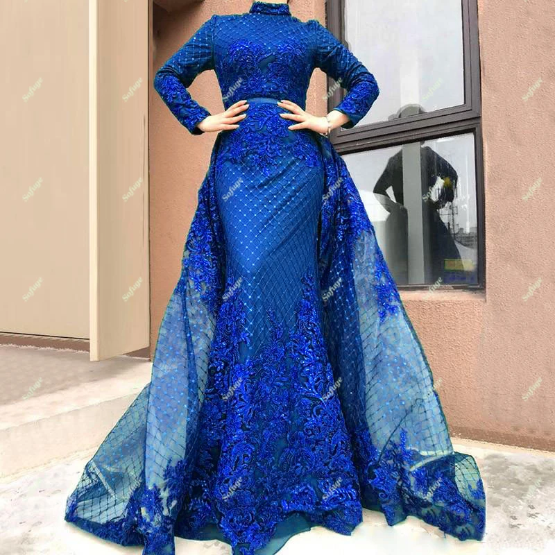 

Royal Blue Mermiad Stunning Evening Dresses Detachable Train Indian Saudi Arabric Robe De Soiree Celebrity Vestidos Fiesta