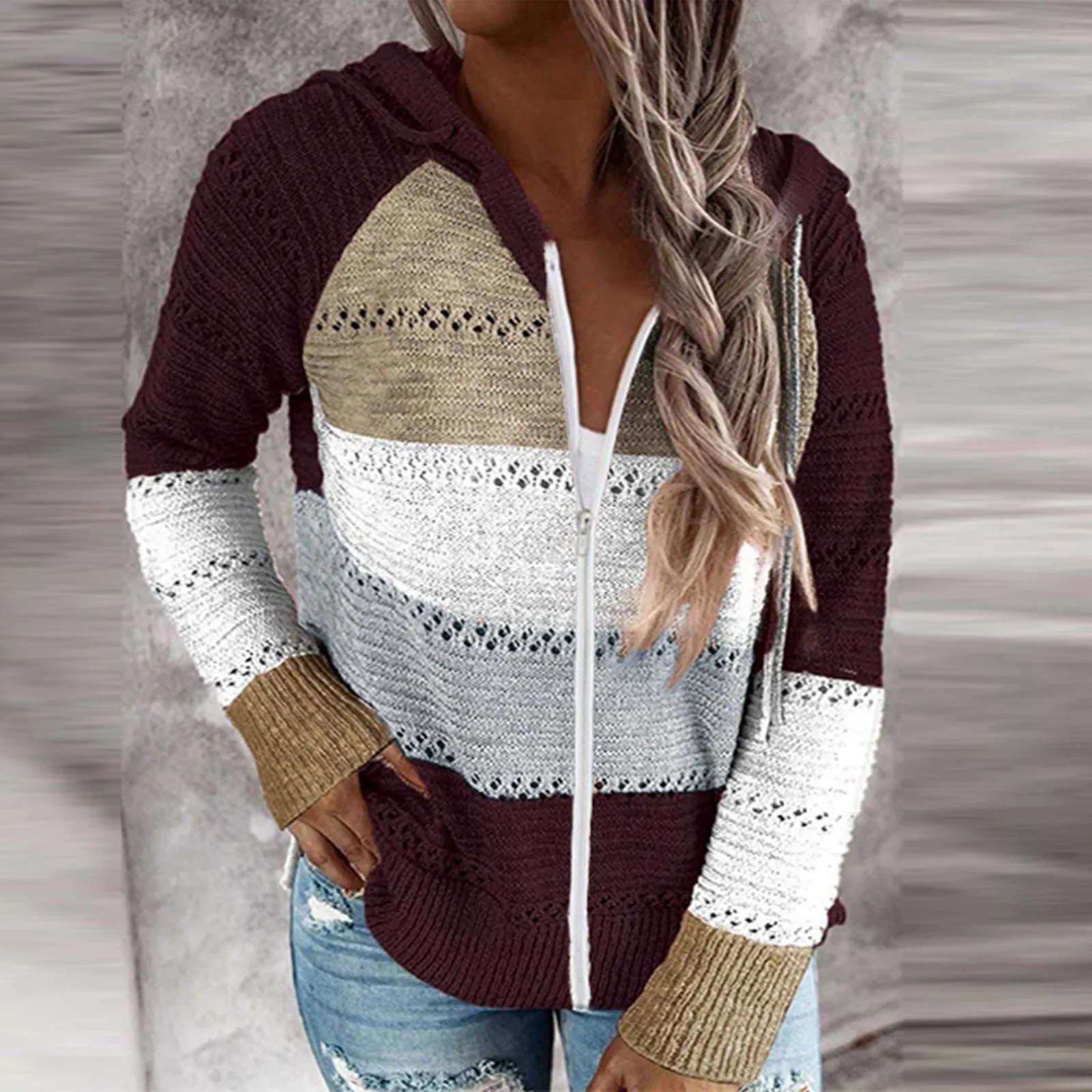 

Fashion Autumn Women Patchwork Hooded Sweater Long Sleeve V-Neck Knitted Sweater Casual Striped Pullover Jumpers Ladies Clothing