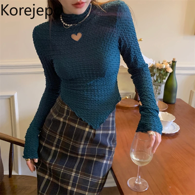 

Korejepo Hollowed Out Bottoming Tops Embroidery Love Design 2021 New Half High Neck Knitted Women's Slim Fit Inner Top Winter