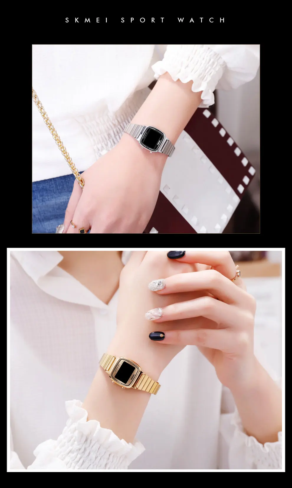 SKMEI Ultra Thin Luxury Women's Silver Stainless Steel Watches Women Fashion LED Digital Dress Business Wrist watch Reloj Mujer