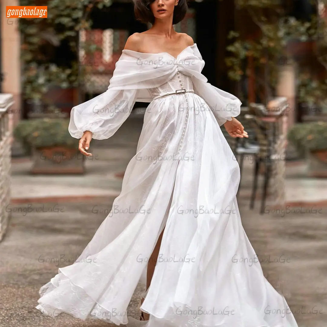 Купи Long Sleeves Wedding Gown White 2021 Boho Vestido De Noiva A Line Organza Off Shoulder Sexy trouwjurk Custom Made Bride Dresses за 5,221 рублей в магазине AliExpress