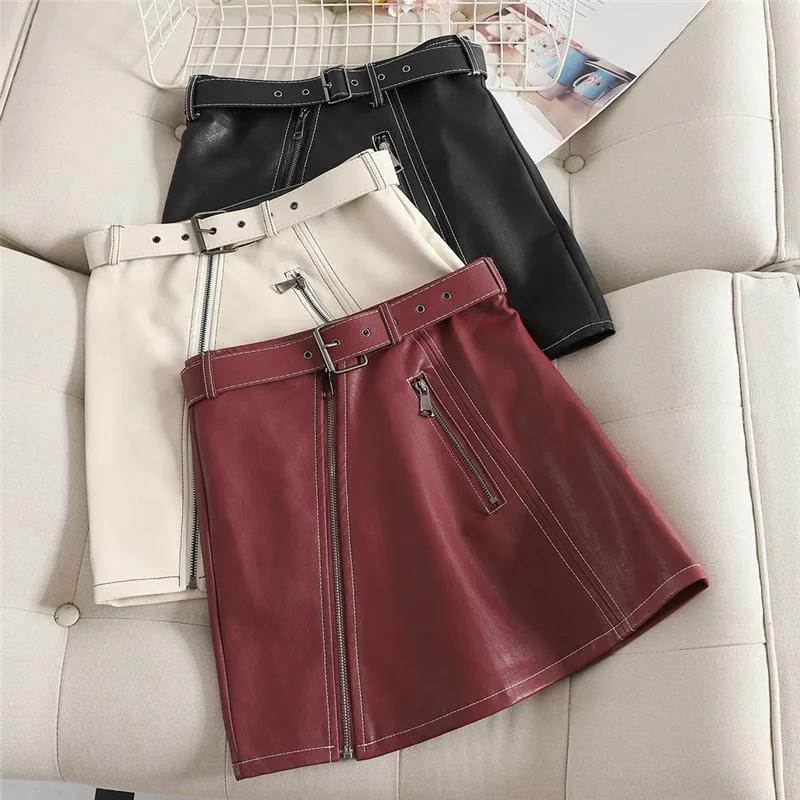 Женская юбка из ПУ кожи с высокой талией и металлическим блеском|Женские юбки| |