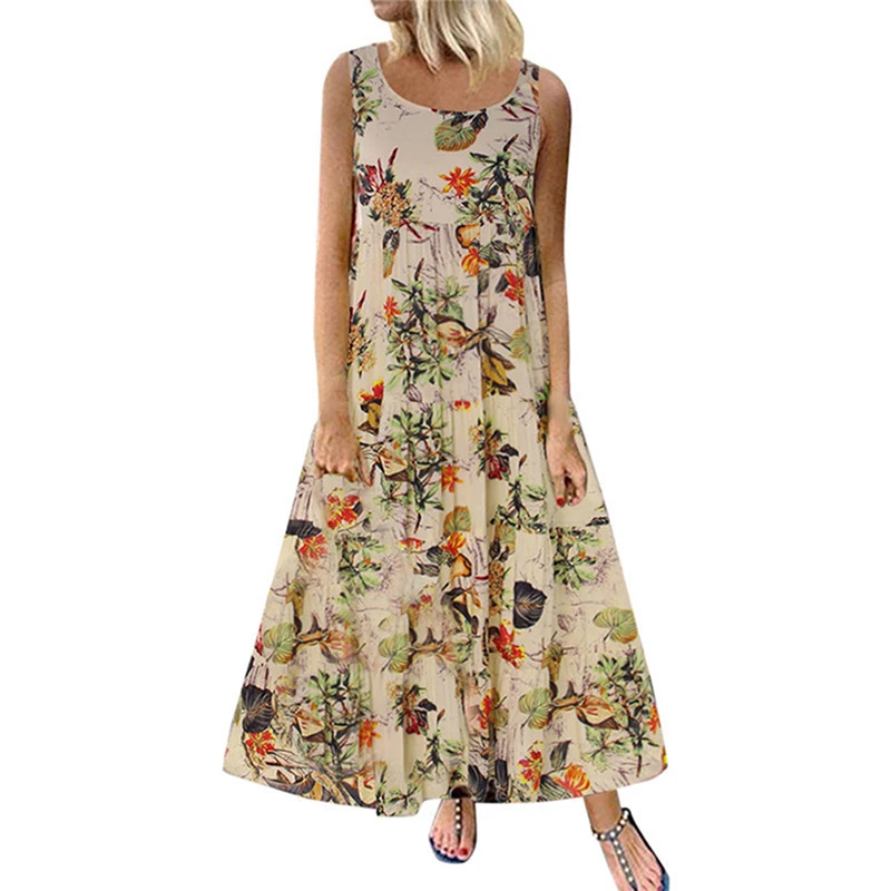 

Female Casual Elegant Beach Dresses Sundress Summer Boho Vintage Long Dress Women Floral Print Sleeveless Party Dress