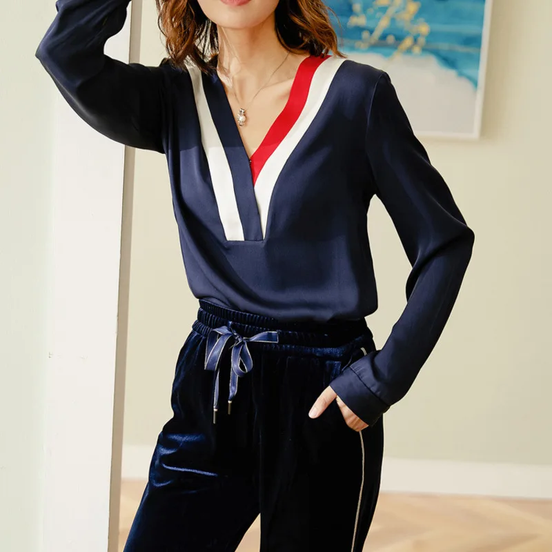 

Тяжелый Шелковый Топ для женщин, новинка, весна-осень, с длинным рукавом, широкая рубашка из тутового шелкопряда, модная рубашка с V-образным ...