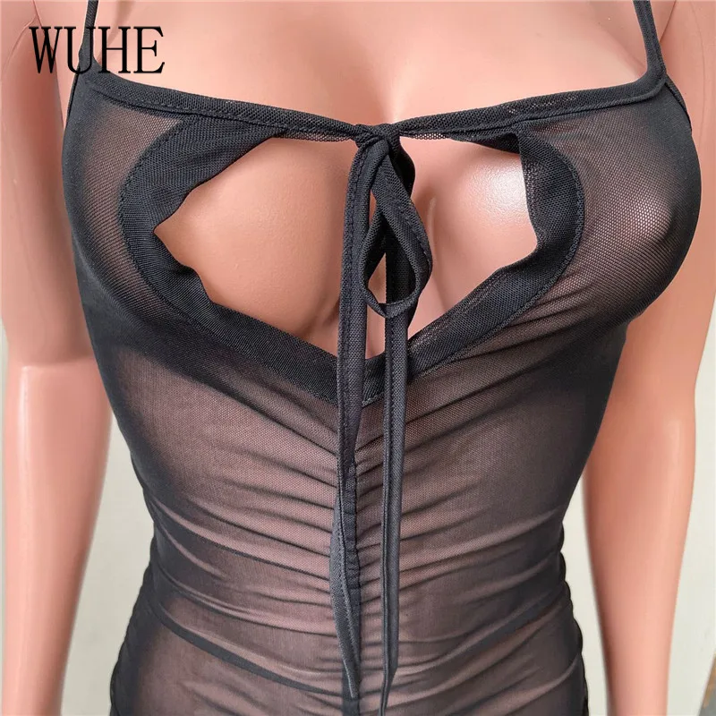 

WUHE Hollow Out Mesh See Though Club Night Party Women's Jumpsuit Sexy Spaghetti Strap Sleeveless Ruched Stacked Romper Outfits