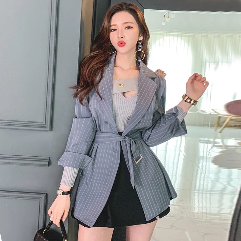 

new arrival comfortable high quality temperamental striped office lady vintage elegant Single button cute fresh wild blazer