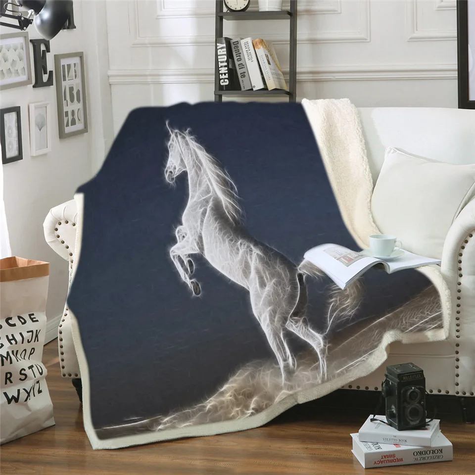 

White Horses 3D Print Sherpa Blanket Couch Quilt Cover Travel Child Bedding Outlet Velvet Plush Throw Fleece Blanket Bedspread