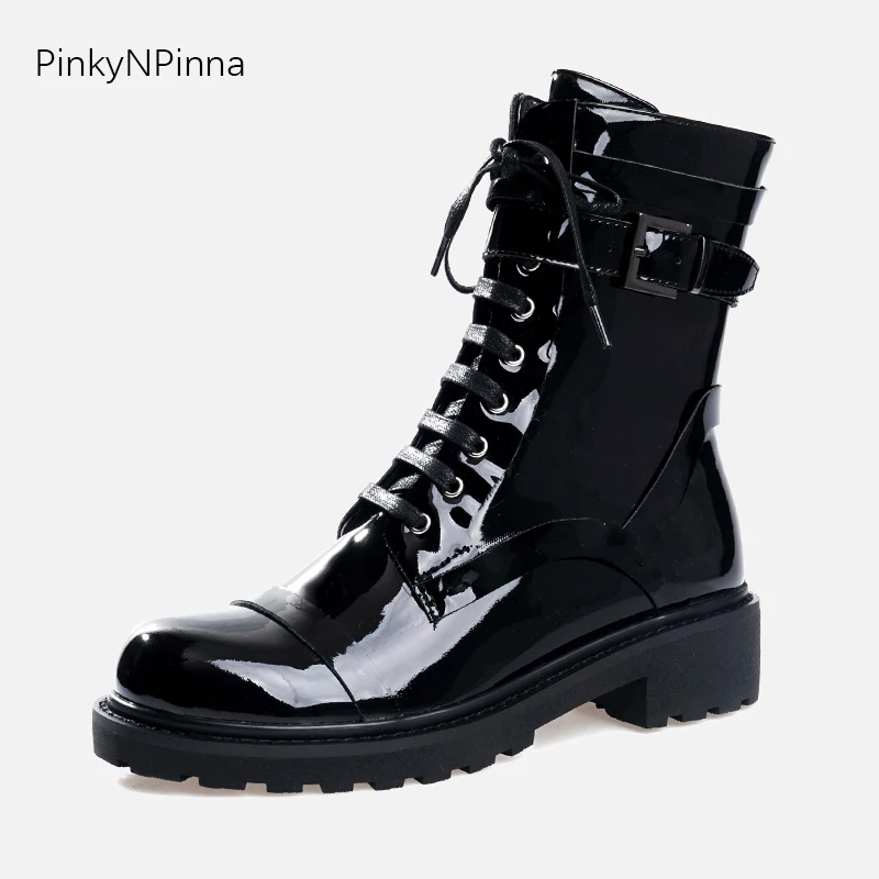 

women genuine leather cowhide ankle boots black buckle platform punk riding booties street Gothic sheepskin insole winter shoes
