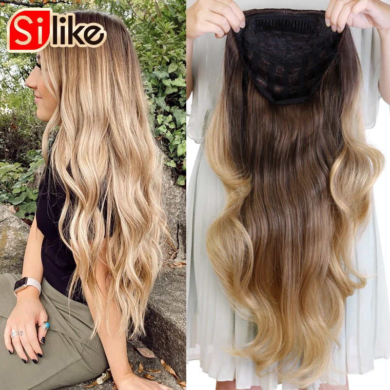 Silike 24Inch Synthetic Wavy 3/4 Half Wig Long Hair Extensions Ombre Blonde Capless Wigs Hair Clips Extension For Women 210g