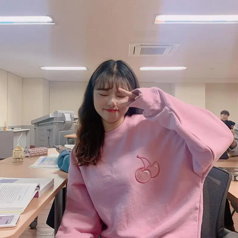 Толстовка с вышивкой вишни женская одежда теплые однотонные розовые топы